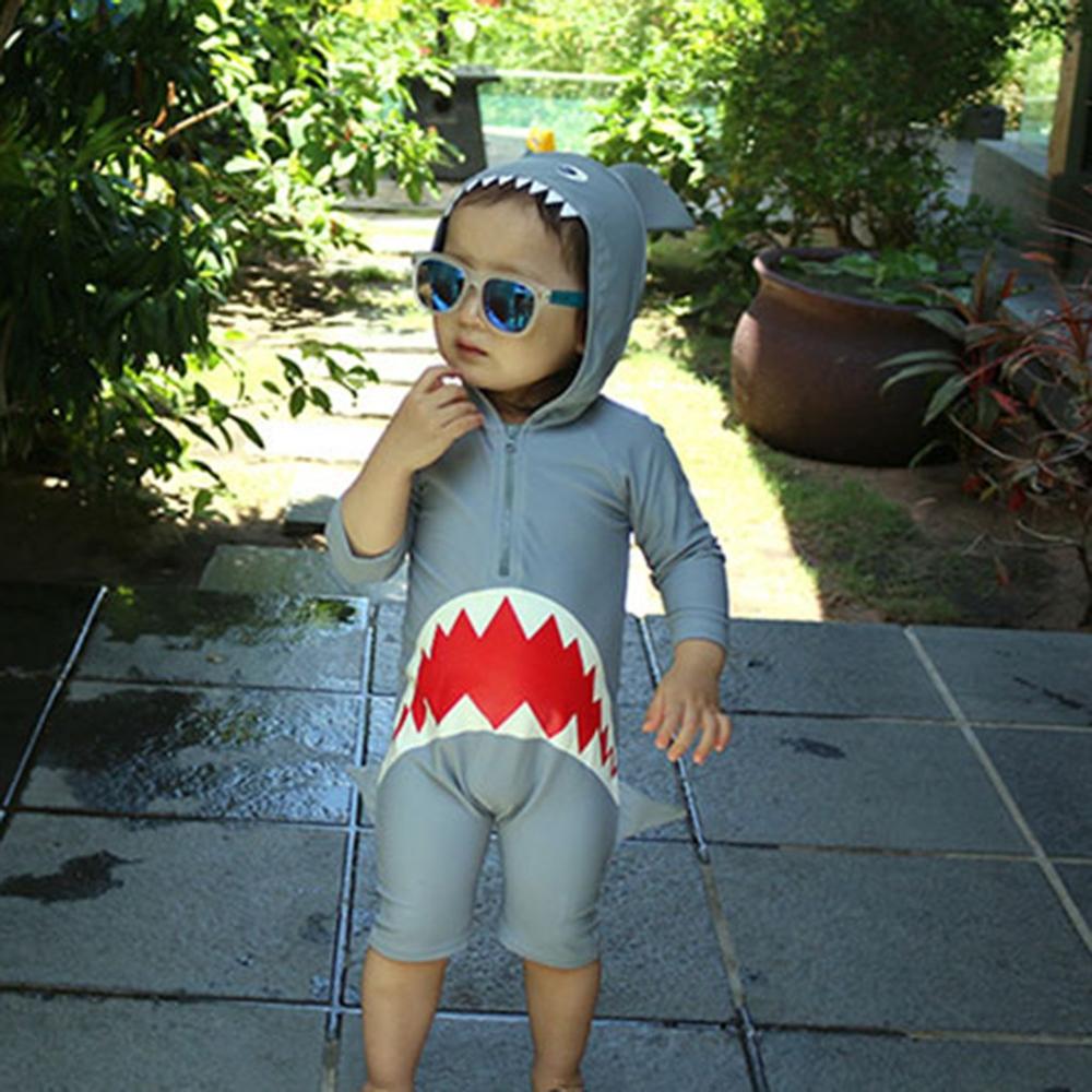 Børnetegneserie badedragt jumpsuit badetøj langærmet tegneserie haj hætteklædt strand baby drenges badetøj badedragt