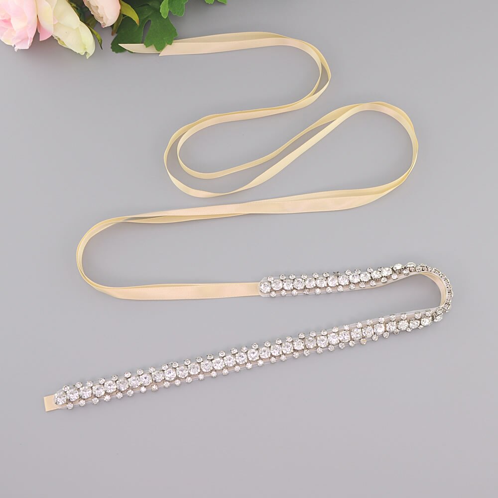 ZMS42 Rhinestone Belt with Ribbon Sequin Bridal Thin Wedding Dress Sash Sparkly Silver Party Women's Belts Accessories: Champagne