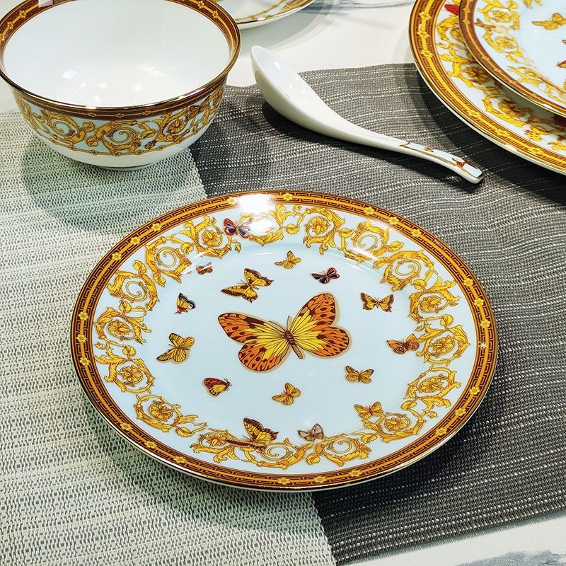 European Butterfly Tableware Set, Steak Plate, Noodle Bowl, Soup Bowl, Rice Bowl, Spoon Decoration,