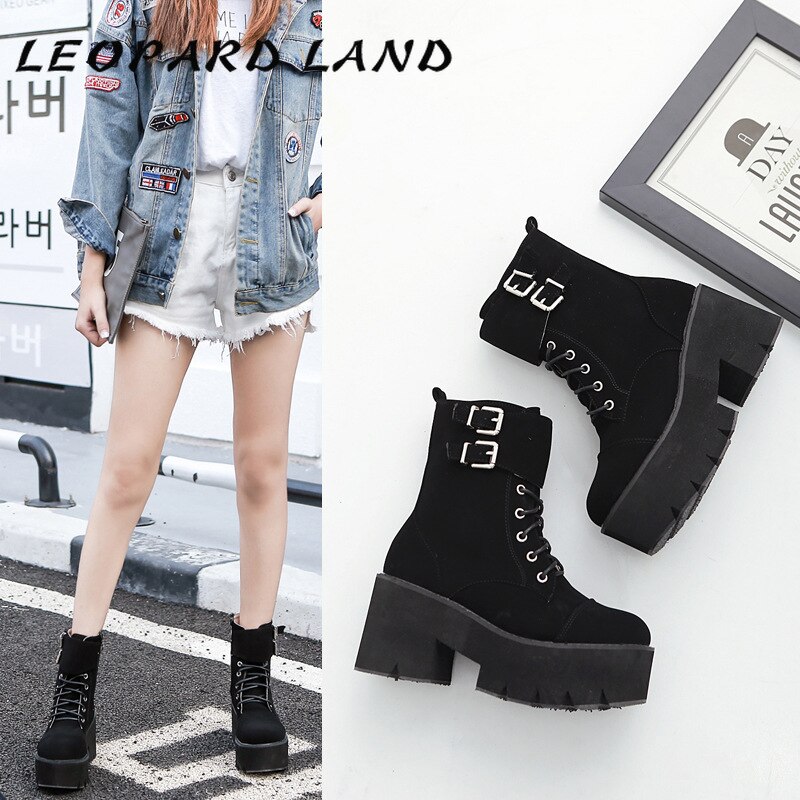 Luipaard land laarzen halfhoge laarzen zwarte damesschoenen ronde neus rits laarzen gesp schoenen dames df-jhm 3348-7