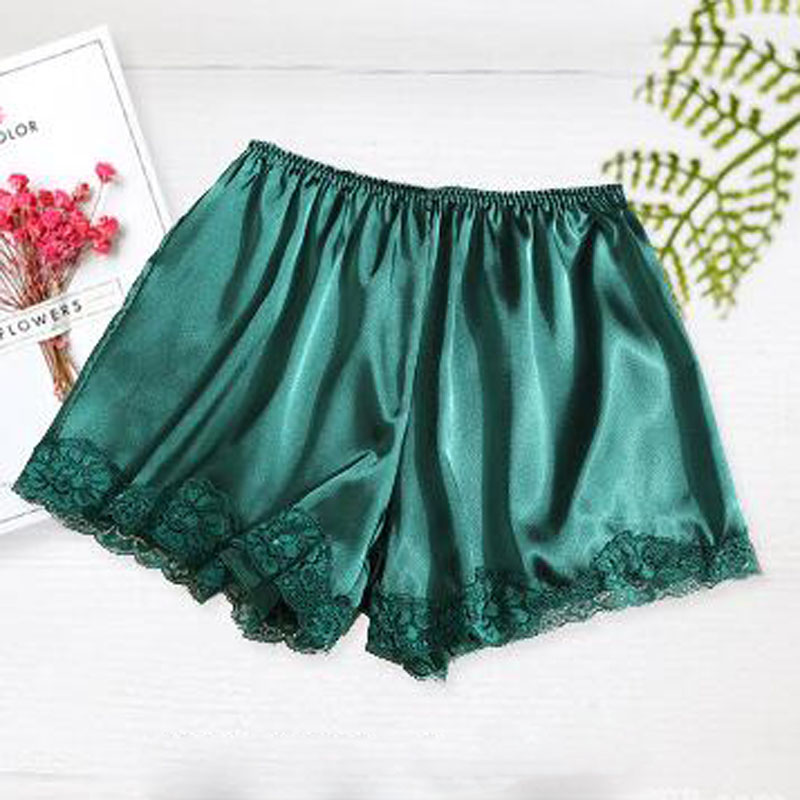 Satin Kitten Silky Elastic Waist Women Men Home Sleep Tracksuit Bottom Short Pants Pajama Nightwear Shorts: green-lace