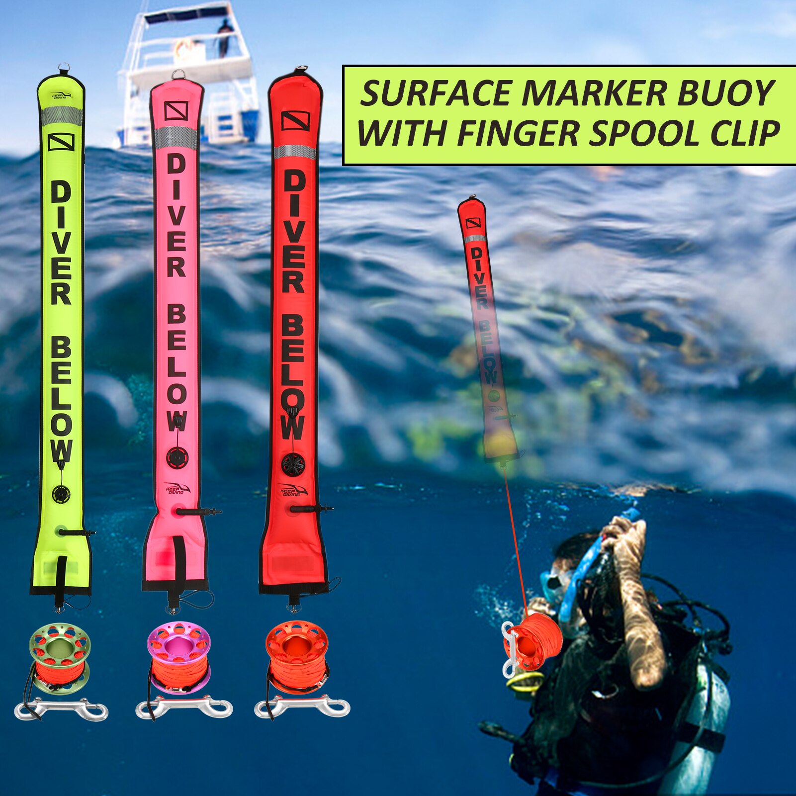 3.9ft Scuba Diving Surface Marker Buoy Float Inflatable Safety Signal Tube Drogue with 49.2ft Line Alloy Finger Spool Reel Clip