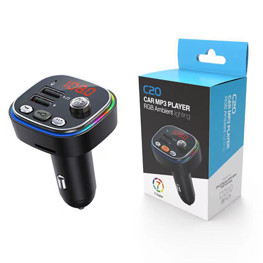 C20 Car FM Transmitter Cigarette lighter Dual USB 5V 3.1A Fast Charger Audio Player Bluetooth With Colorful lights MP3 Player: C20 with box