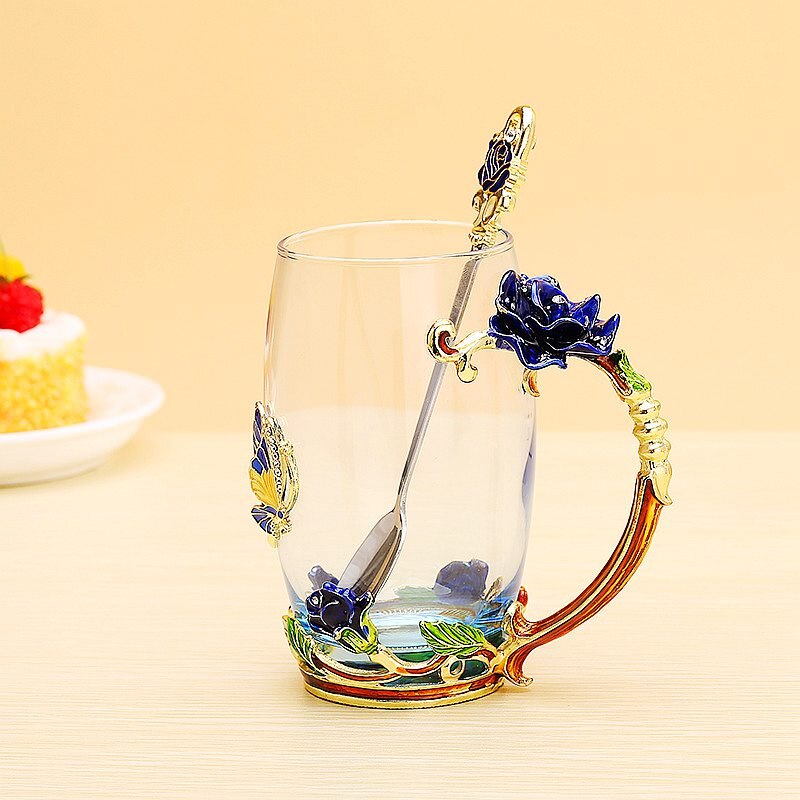 Red Blue Rose Enamel Crystal Tea Cup Coffee Mug Butterfly Rose Painted Flower Water Cups Clear Glass with Spoon Set Perfect: Blue rose 350ML