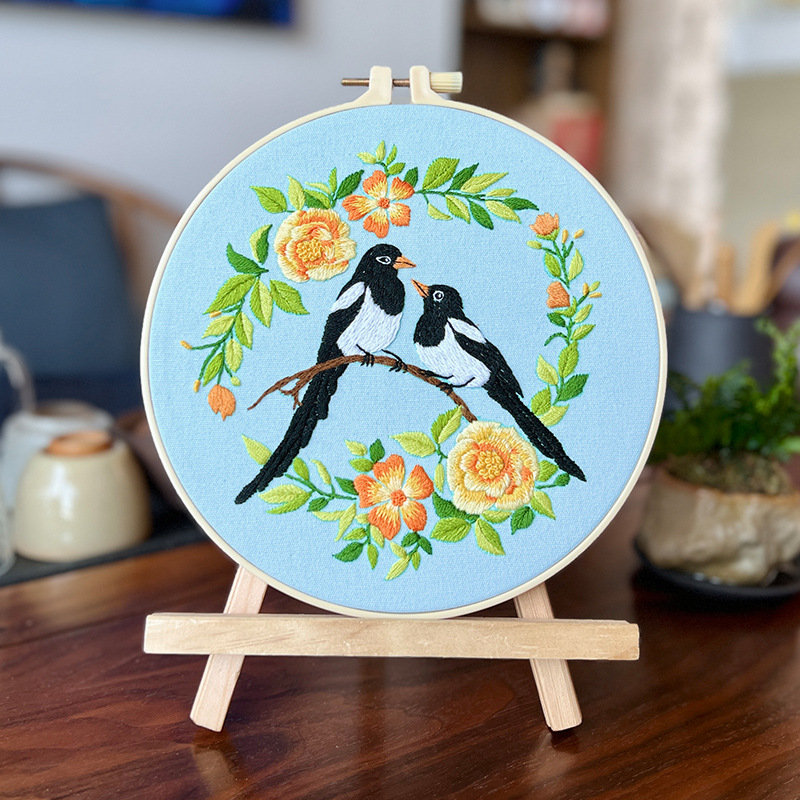 Kit de bordado de flores y pájaros para adultos principiantes, kits de punto de cruz estampados con patrón de pájaros, tela bordada estampada: 20 x 20 cm / Borgoña