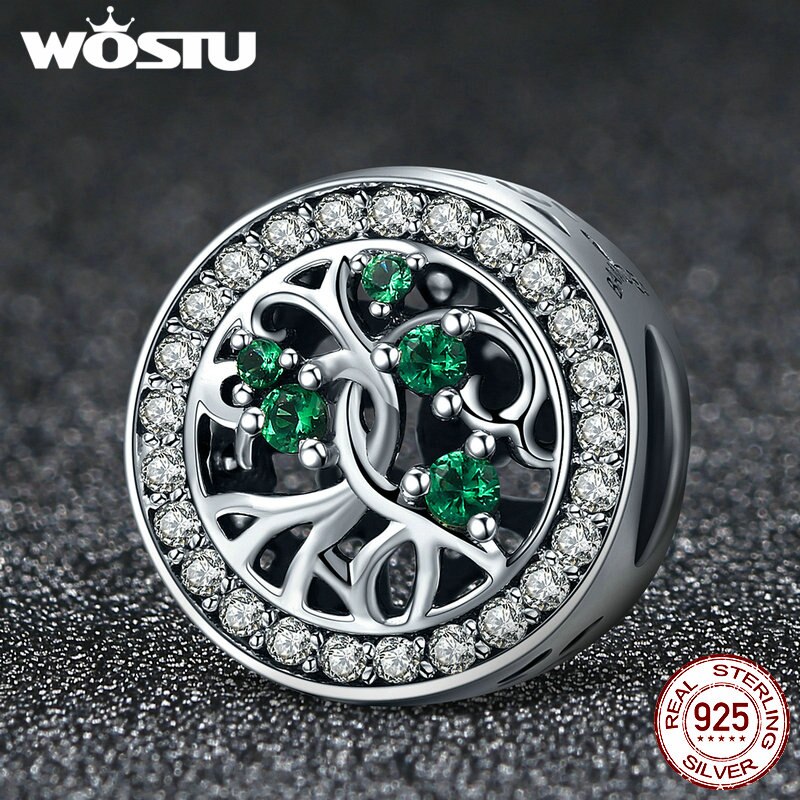 WOSTU 925 Sterling Silver Tree Of Life ,Green CZ Beads Fit Original wst Charm Bracelet Jewelry FIC179