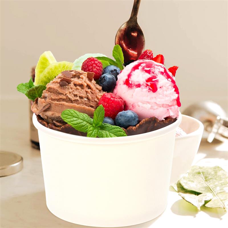 50Pcs Disposable Ice Cream Paper Cup With Lid For Cake Bowls Yogurt Storage Kitchen Plastic Containers Unprinted Smooth Cold