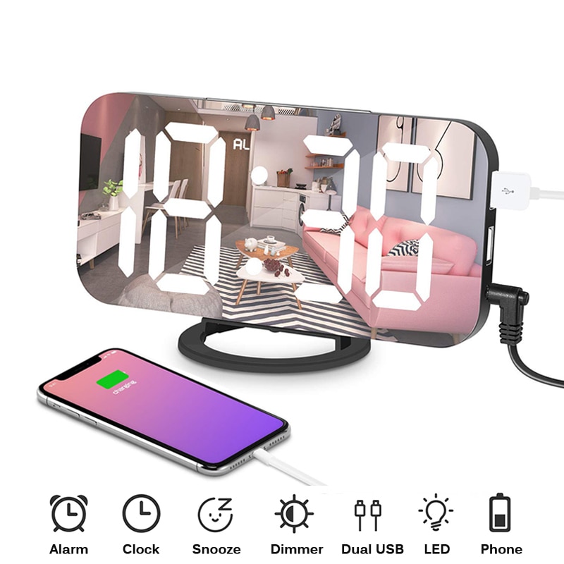 Ipad Phone Charging USB Alarm Clock Digital Clock with Dual USB Port Electronic LED Digital Desktop Decoration Mirror Surface