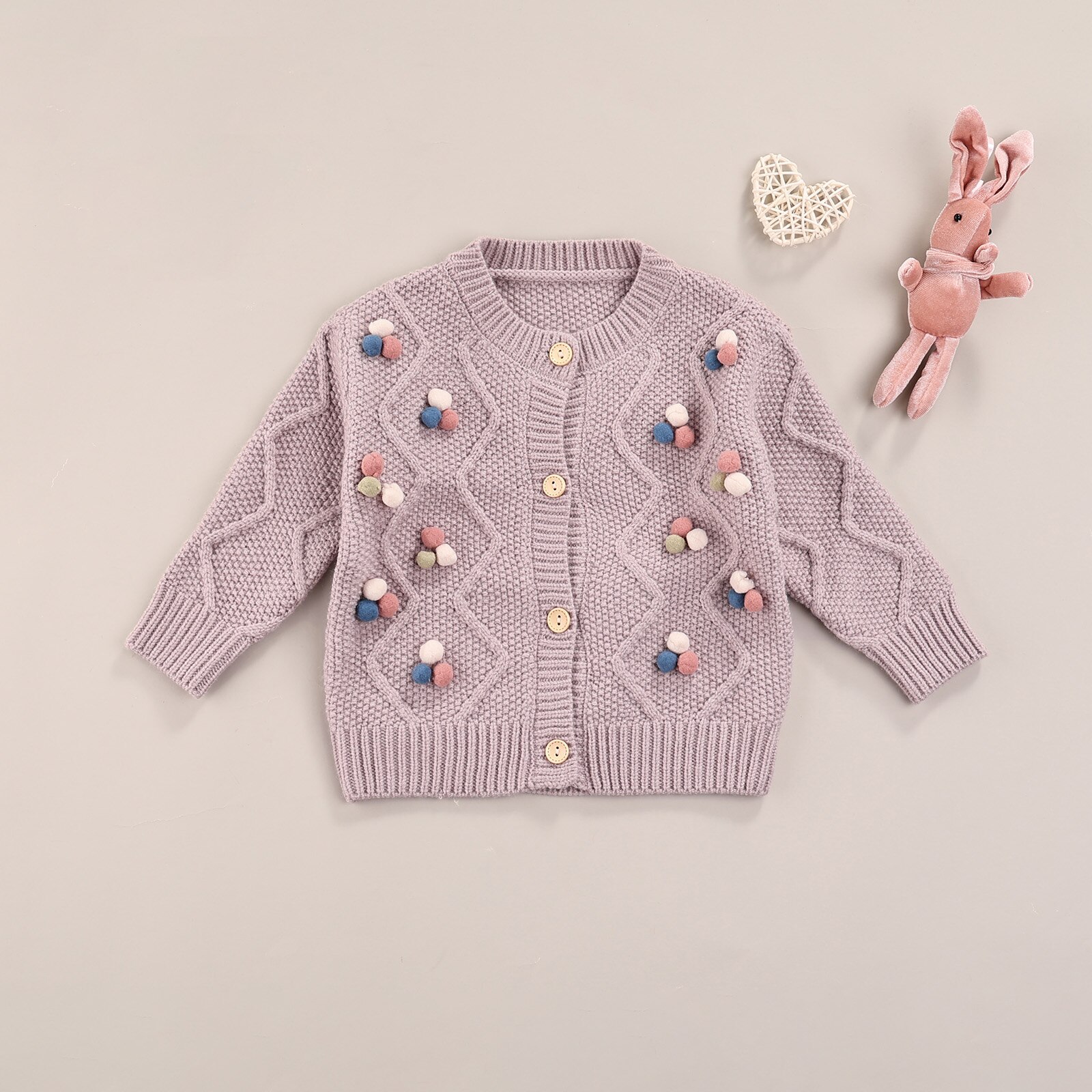 Cardigan lavorato a maglia per bambini autunnali, decorazioni per palline di peluche per bambine collo tondo manica lunga Outwear monopetto top Casual