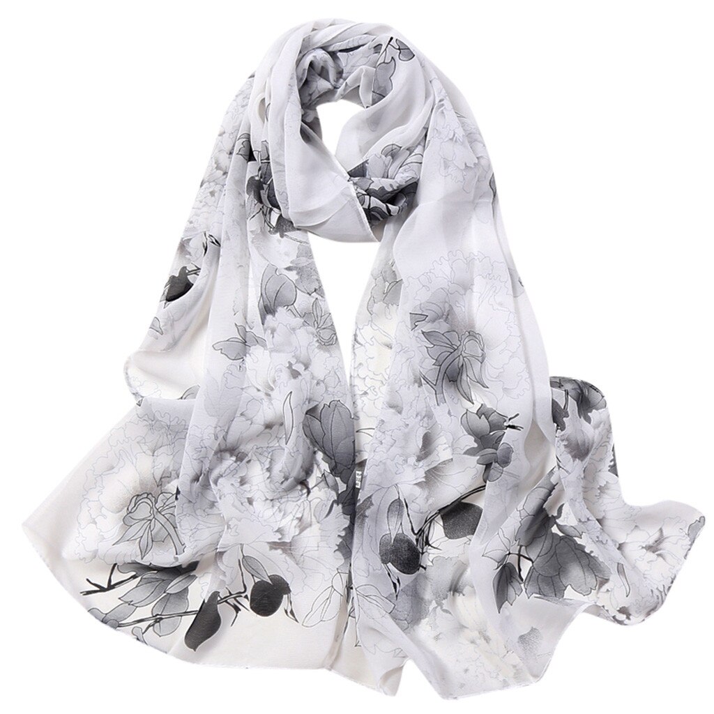 Women Silk Scarf Flower Printing Scarves Long Soft Wrap Simulation Silk Shawl Ladies Beach Scarf Shawl Bandana: Gray