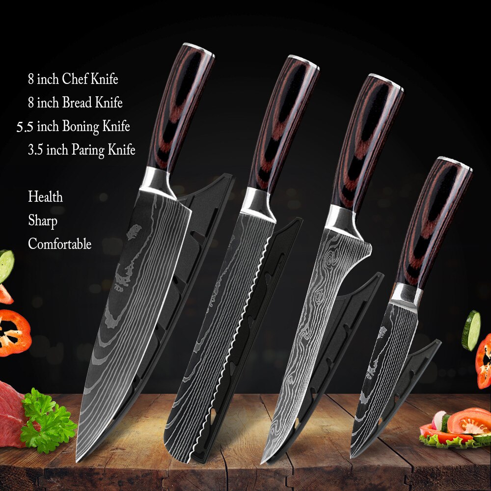 Damask Kitchen Chef Knives Set 7CR17 High Carbon Stainless Steel Sharp Utility Santoku Boning Damascus Pattern Cooking Tools: 4pcs Set 02