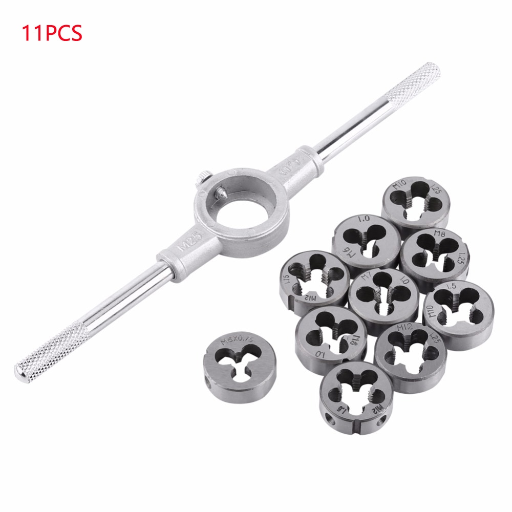 11PCS/Set Bearing Steel Die Wrench Sets Circular Die Kit Screw Thread Taps and Die Hand Tapping Tools Screw Tap Die Wrench Kit