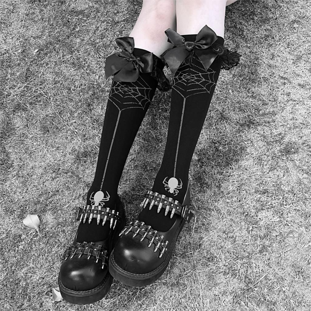 Dark Lolita Girl Calf-length Socks Basic Lady Black Goth Bow Cobweb Spider Print Gothic Sock Cool Basic Thin Student Wear