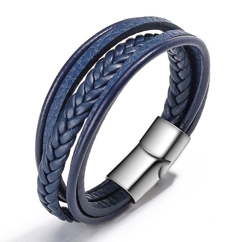 Niuyitid mænds blå læder armbånd flerlags magnet knap mandlige smykker til kvinder: Blå sølv