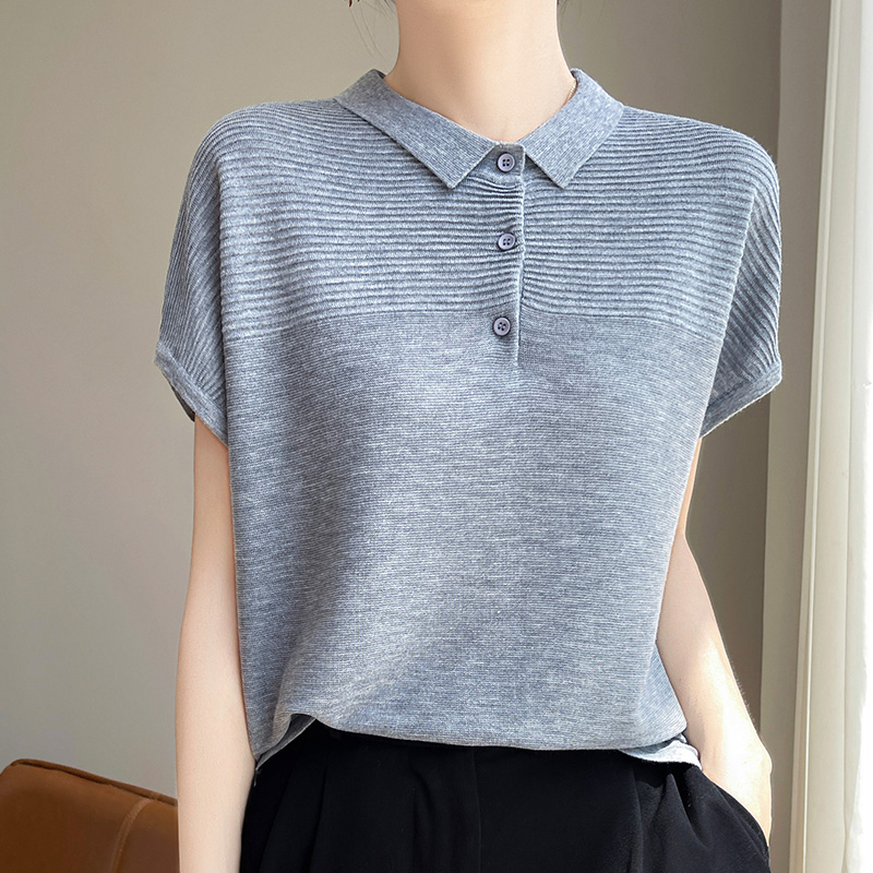 Dames T-Shirt Zomer Kammen Gebreide T-Shirts Casual Effen Trui Polokraag Blouse Met Korte Mouwen Dames Kleding Losse Tops