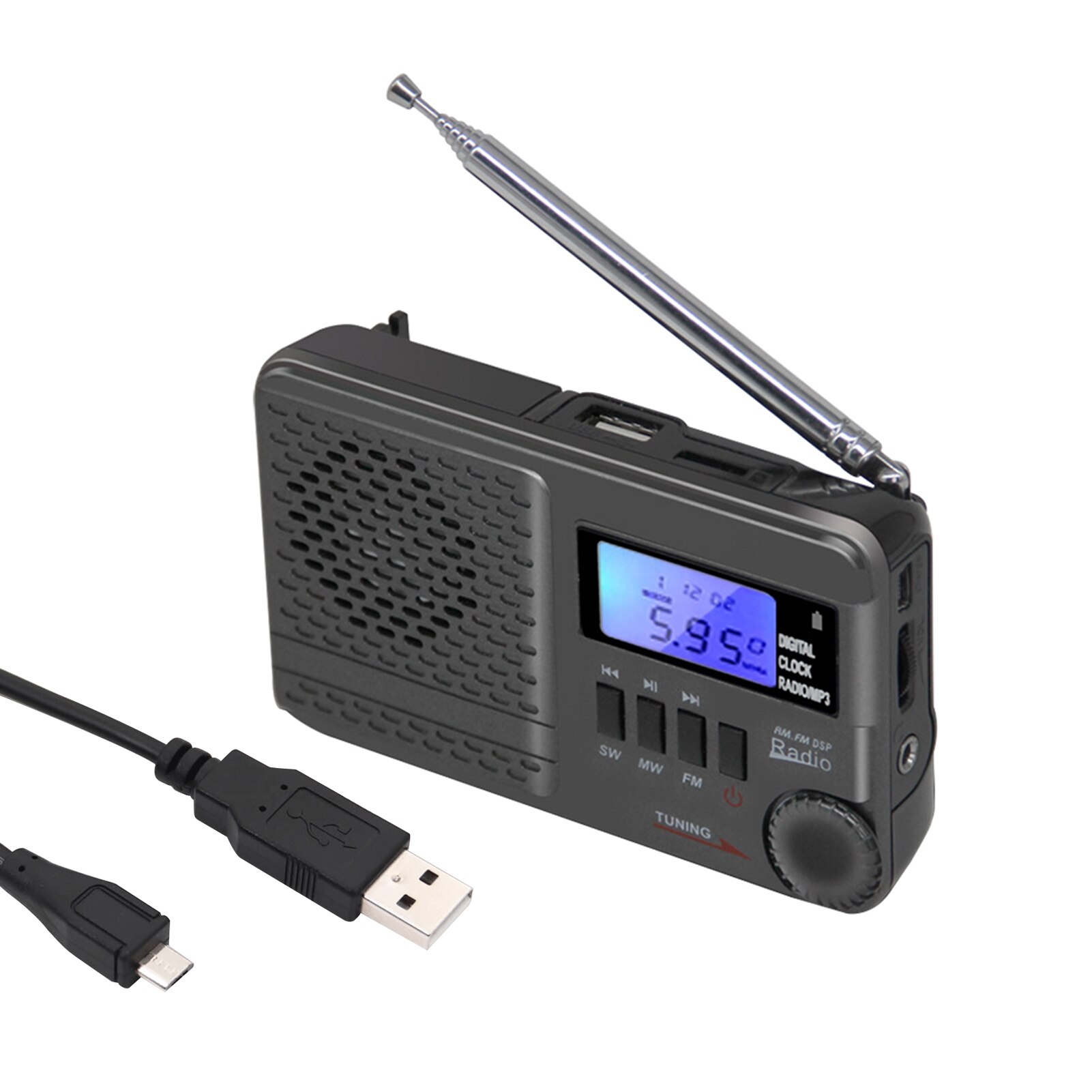 Handheld Digitale Radio Lcd-scherm Am Fm Mini Draagbare Antenne Muziek Afspelen Media Player MP3 Ondersteuning Tf-kaart Volledige band: Black