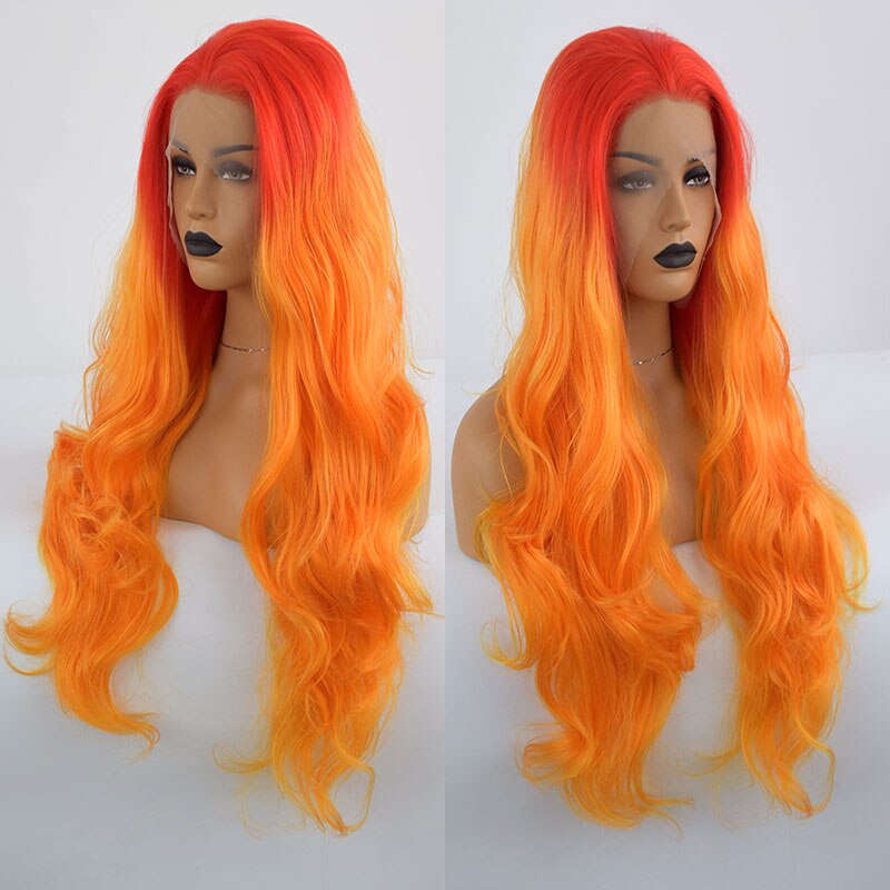 Bombshell Red Ombre amarillo, Peluca de pelo sintético naranja con malla frontal Body Wave fibra resistente al calor pelo División media para peluca de mujer
