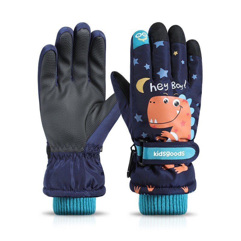 Guantes de esquí para niños, manoplas de invierno a prueba de viento, impermeables, gruesas, cálidas, antideslizantes, para ciclismo, escalada, al aire libre, manoplas cálidas de dibujos animados: dinosaur