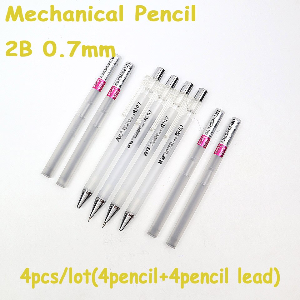 4 stk mekanisk blyant 2b 0.5-0.7mm plast frostet gennemskinnelig automatisk blyant tegne maleri til studerende kontorartikler: 4 pen -- 2 refill -0.7