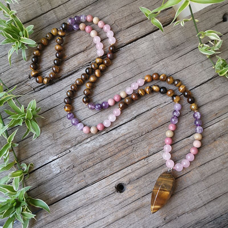 8mm Natural Stone Beads,Tigers Eye Pendant Necklace,Amethyst,Charming Bracelet,Spiritual Power Jewelry,108 Mala Beads