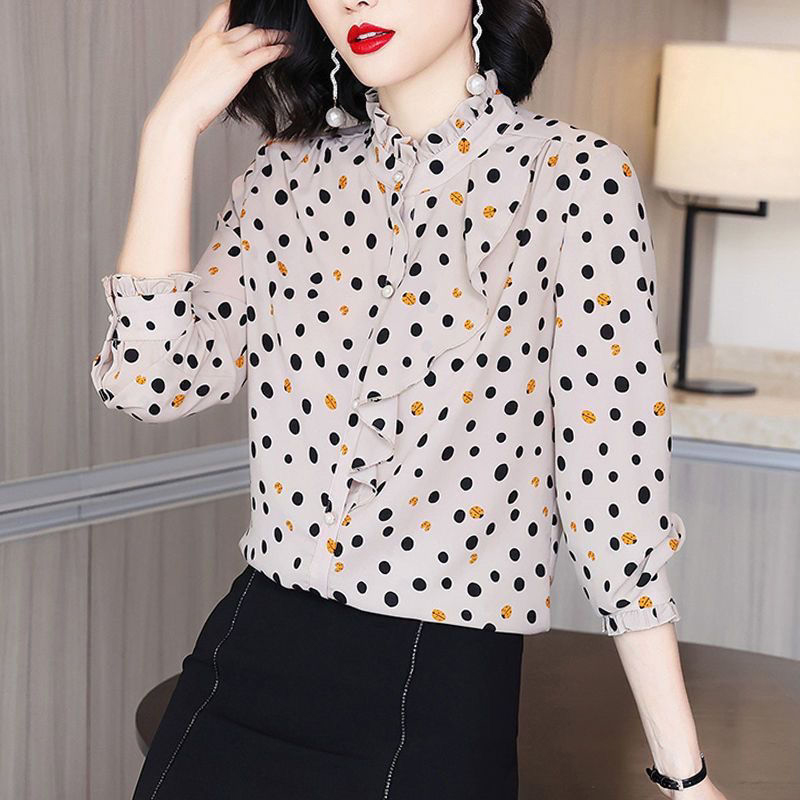 Zomer Ruches Opstaande Kraag Shirt Met Stippenprint Dames Met Lange Mouwen Elegante Mode Vesten Top Dames Losse Casual Blouse