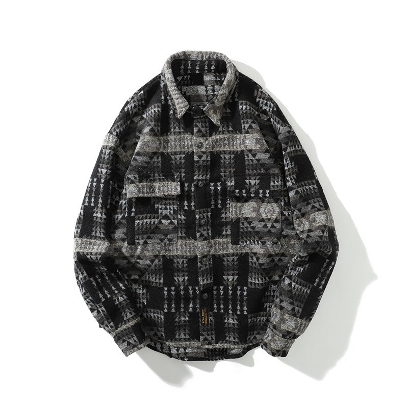 Mørkt ikon turn-down krave japanske retro skjorter mænd løs afslappet tyk uld revers bluse outwear frakke: Sort skjorte / Xxl
