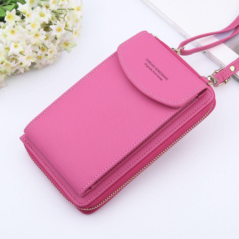 Women Wallet Solid Leather Shoulder Straps Shoulder Bag Mobile Phone Big Card Holders Wallet Handbag Pockets girls: Hotpink