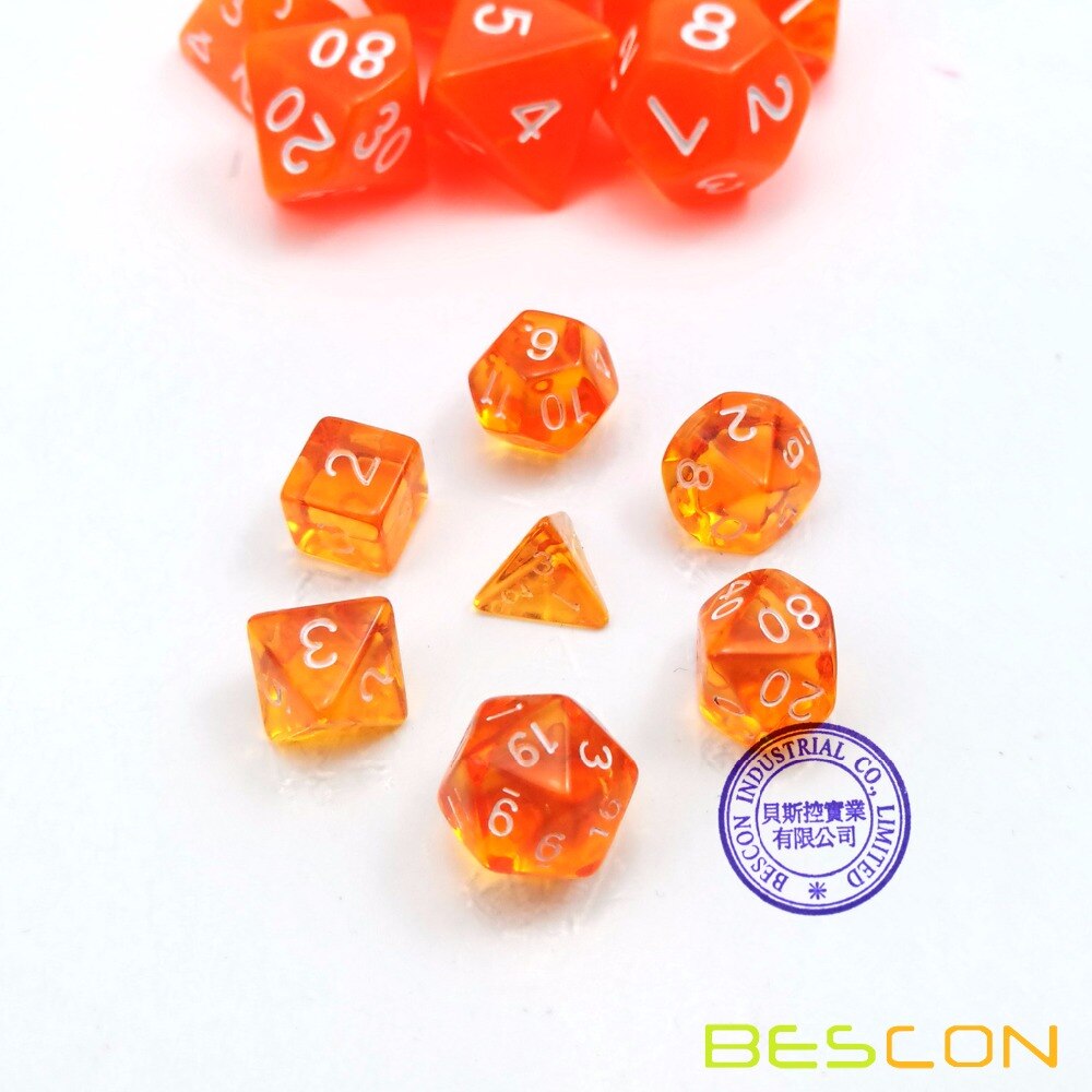 Bescon Mini Doorschijnende Polyhedral Rpg Dobbelstenen Set 10 Mm, kleine Rpg Rol Playing Game Dobbelstenen Set D4-D20 In Buis, Transparant Oranje