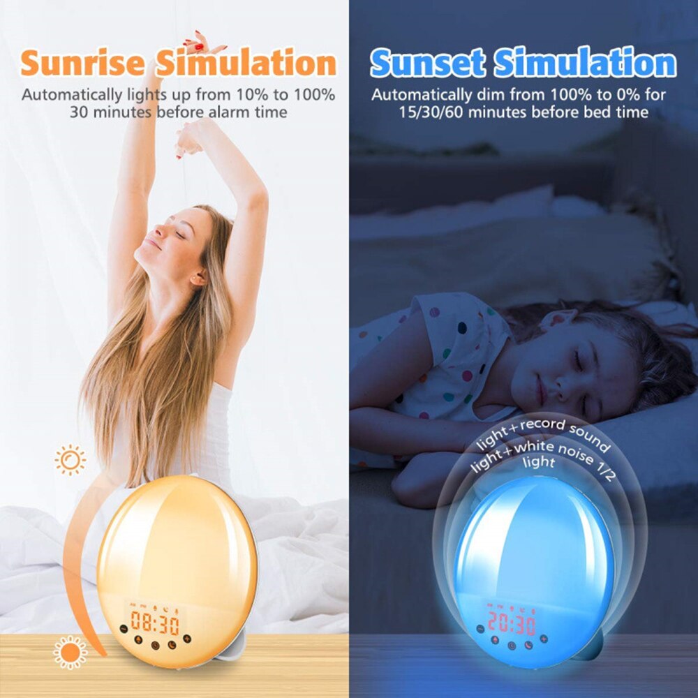 Wifi sunrise wake-up lampe smart snooze vækkeur soveværelse led natlys fm radio