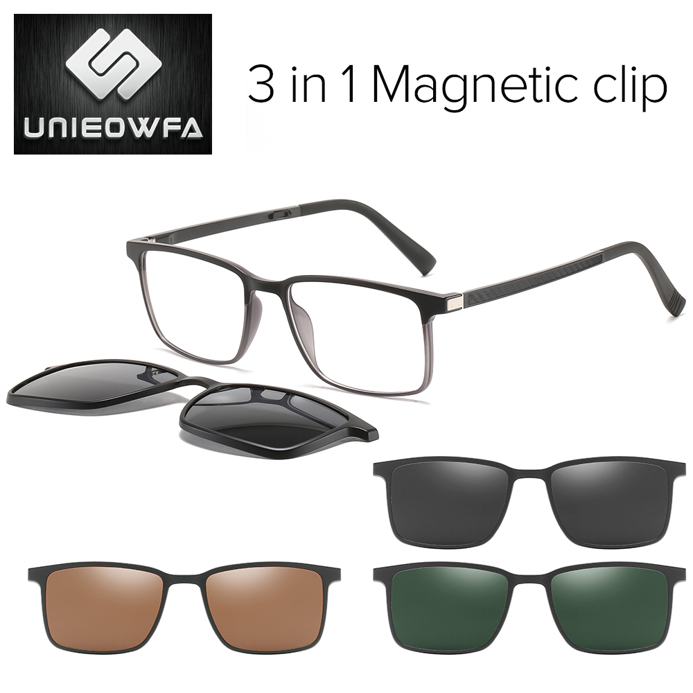Myopie Magnet Clip auf Gläser Rahmen Männer Optische Verordnung Rahmen Brillen Männer Rechteck Polarisierte Magnet Clip Auf Sonnenbrille: 1909 grau 3 in1