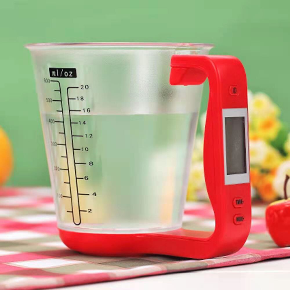 Electronic Measuring Cup Plastic Tool Graduated Digital Jug With Scales Kitchen Beaker Weigh Temperature Measurement LCD Display: Red