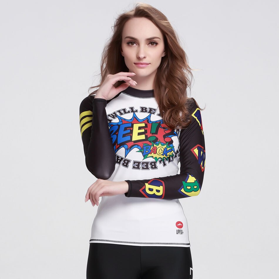 Lange ærmer rash guard badedragt trykt hvid sort dame våddragt uv solbeskyttelse basic skins crew sol skjorte rashguard