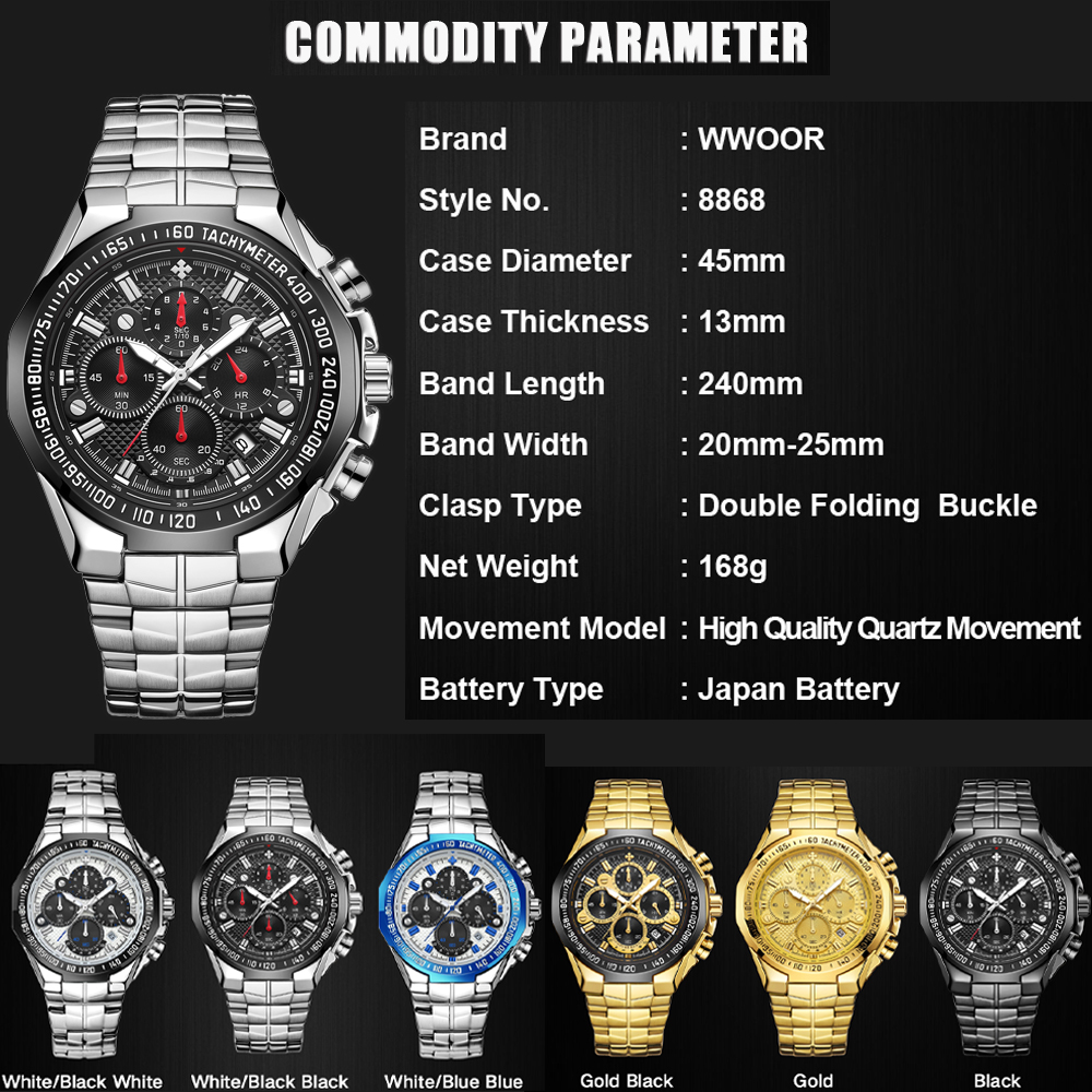 2024 WWOOR herren Uhr Top Luxus Schwarz Armbanduhr Sport Chronograph Stahl Quarz Männer Uhren Relogio Masculino