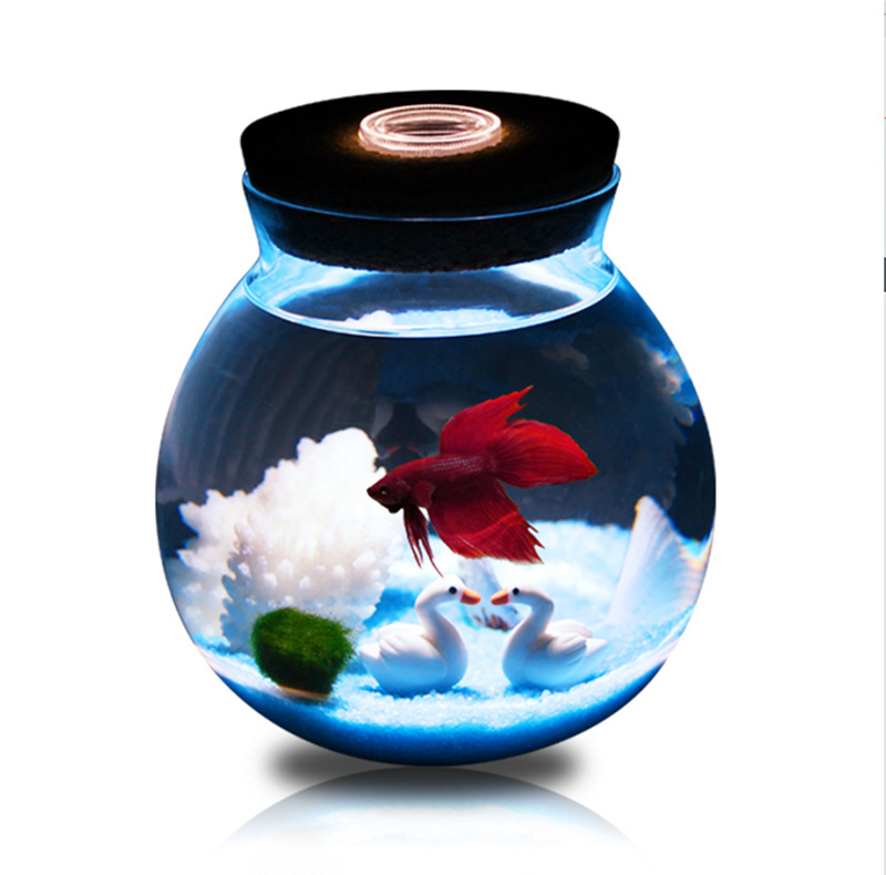 1 Uds. Tanque de peces Mini Betta con luces pequeñas, ornamento de escritorio, decoración de plantas de acuario, suministros y accesorios para mascotas
