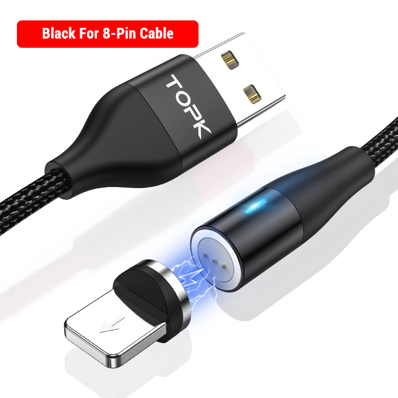 Topk AM60 3A Snel Opladen Led Magnetische Micro Usb Type C Kabel Voor Iphone Xs Max 8 7 6 Telefoon kabels: 8-Pin Cable Black