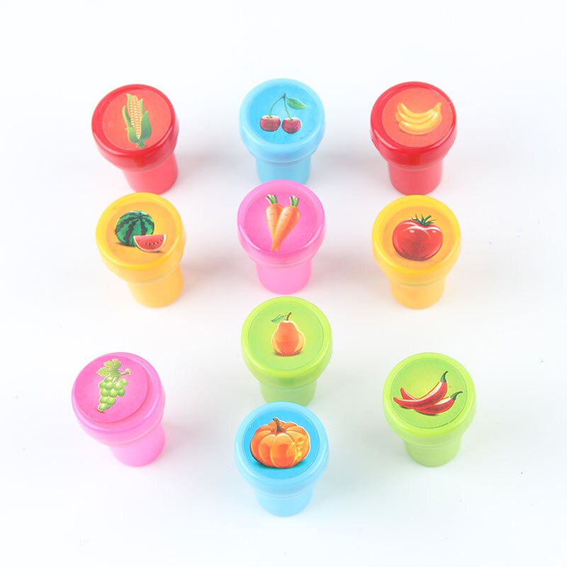 Sellos de juguete para niños, sellos de dibujos animados, animales, frutas, sellos para álbum de recortes, 10 unids/set por juego