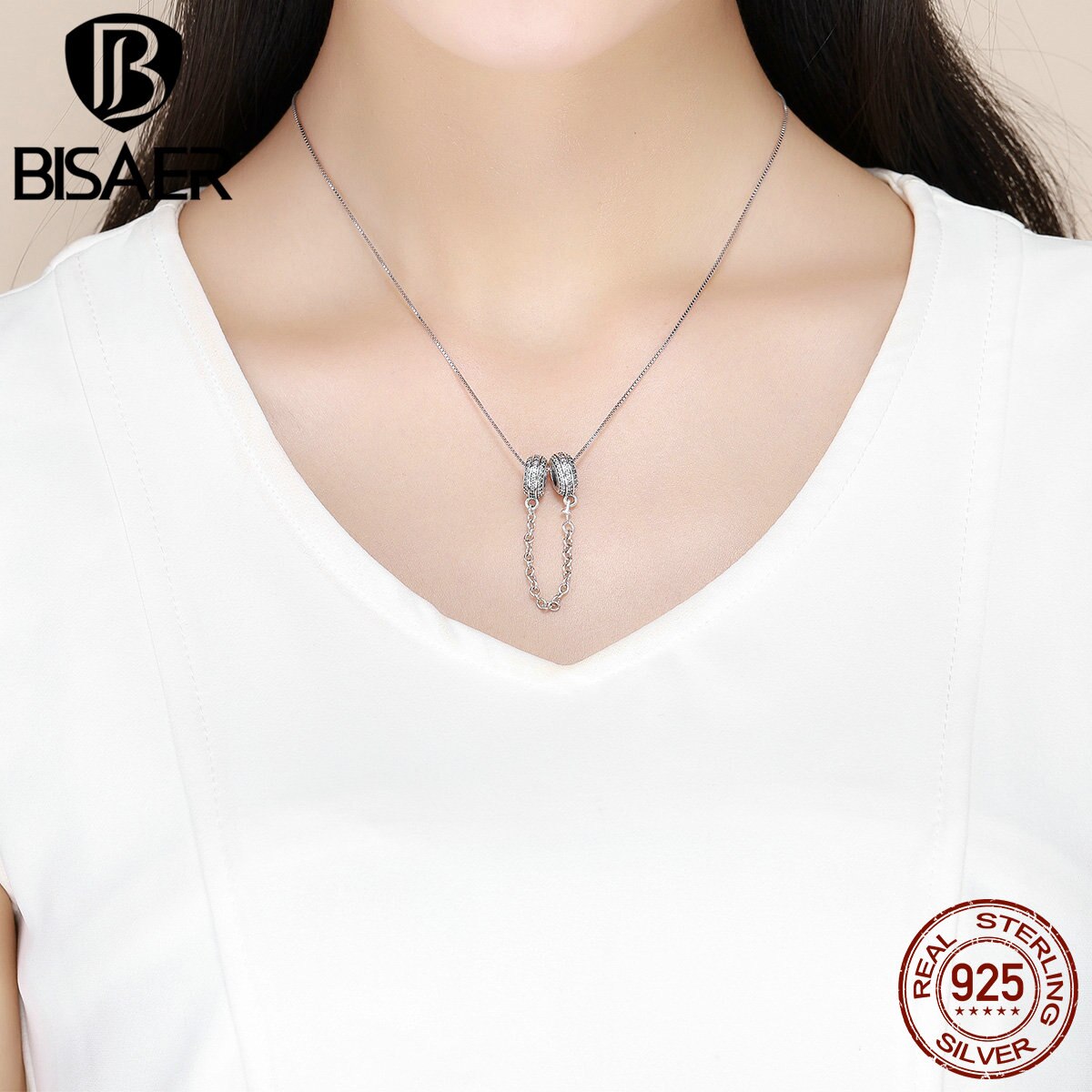 BISAER Authentische 925 Sterling Silber Schlange Kette Sicherheit Kette Stopper Reize Perlen passen Charme Armbänder Silber Schmuck ECC812