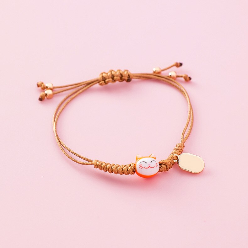 Doreen-pulsera de cuerda de gato de cerámica Kawaii para mujer, brazalete sencillo tejido a mano, cuentas de borla, joyería de de estilo japonés: Small Cat-Khaki
