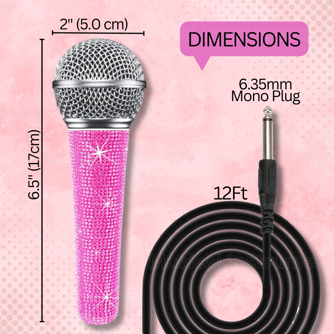 Micrófono de karaoke Bling Pink: micrófono vocal dinámico con cable XLR, cuerpo de metal, mango brillante para cantar, fiestas