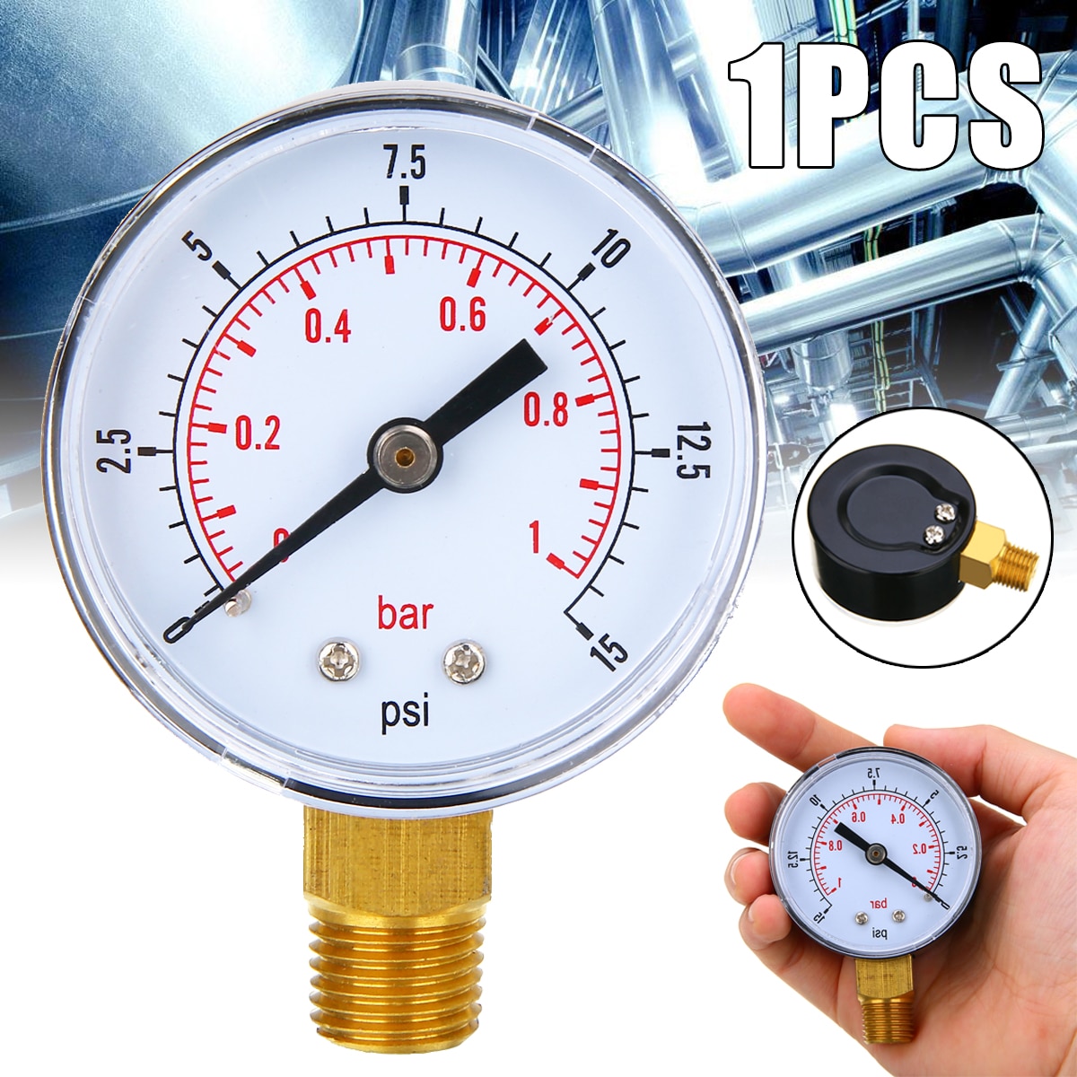 BSPT-Manómetro de baja presión, medidor hidráulico, manómetro de Dial de 50mm 0-15 PSI 0-1 Bar para combustible, aire, aceite, Gas y agua, 1/4