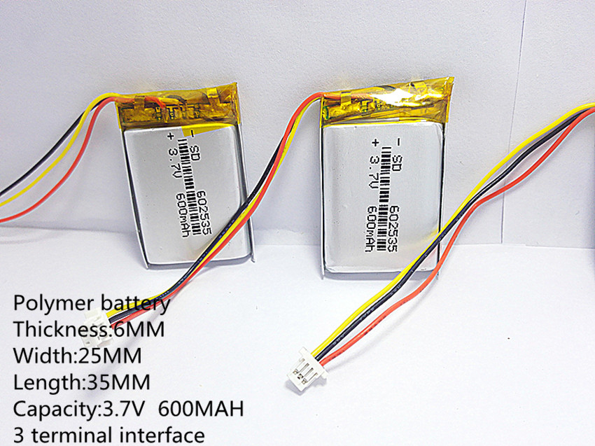 3 line 3.7V thium polymer battery 602535 600MAH Liter energy battery the video recorder 388