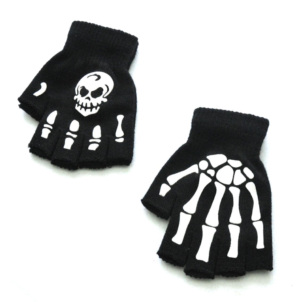 Unisex Adult Halloween Skeleton Skull Half Finger Gloves Glow In The Dark Fingerless Stretch Knitted Winter Mittens