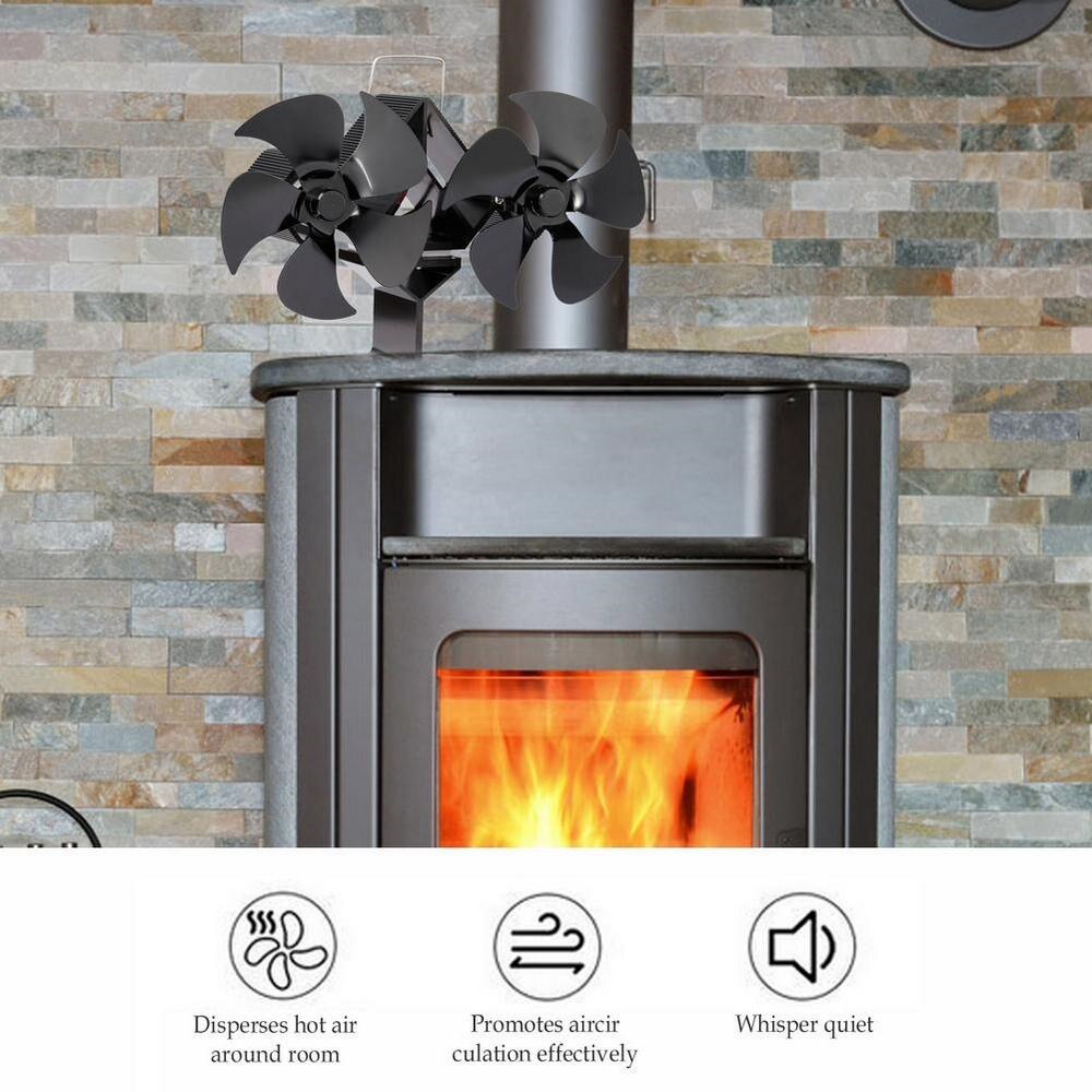 Heat Powered Stove Fan Tools Accessories Supplies Home Log Wood Burner Double Head 5 Blades Eco Quiet