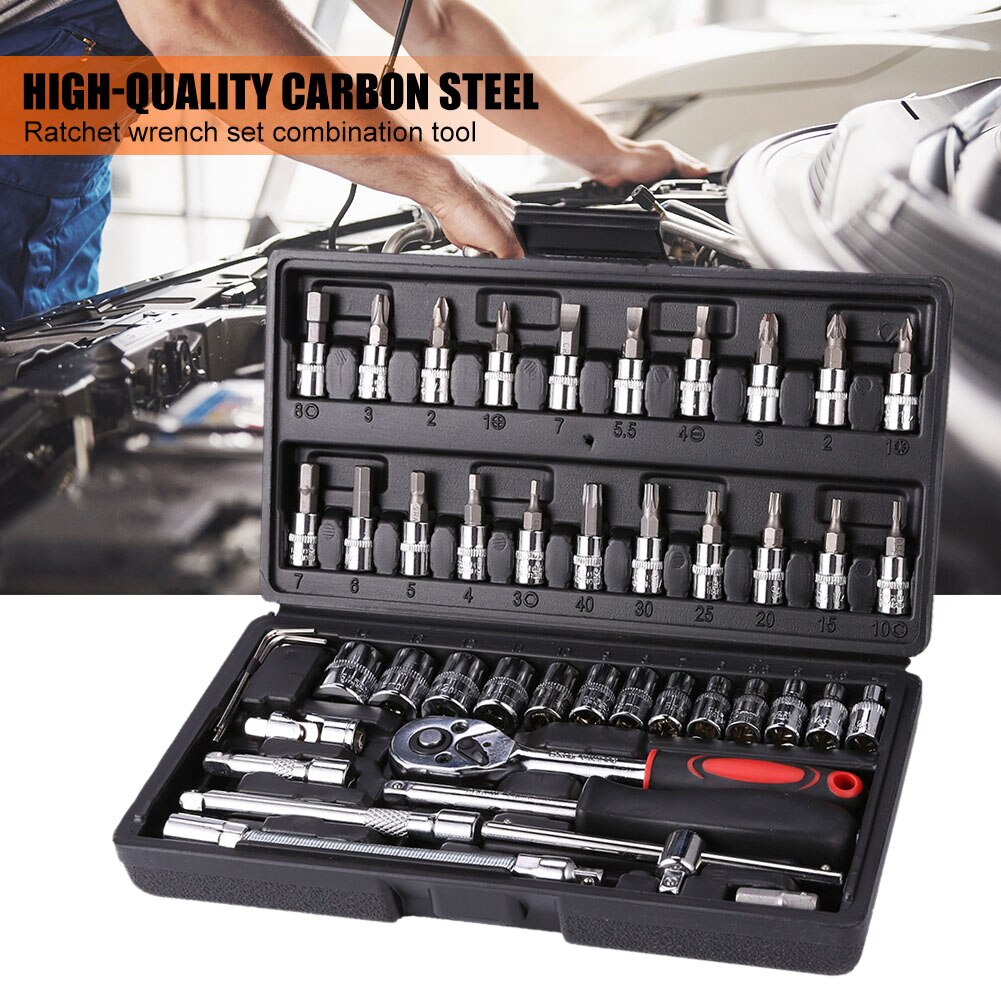 46pcs Socket Ratchet Car Repair Tool Wrench Set Head Ratchet Pawl Socket Spanner Screwdriver Metalworking Tool Kit
