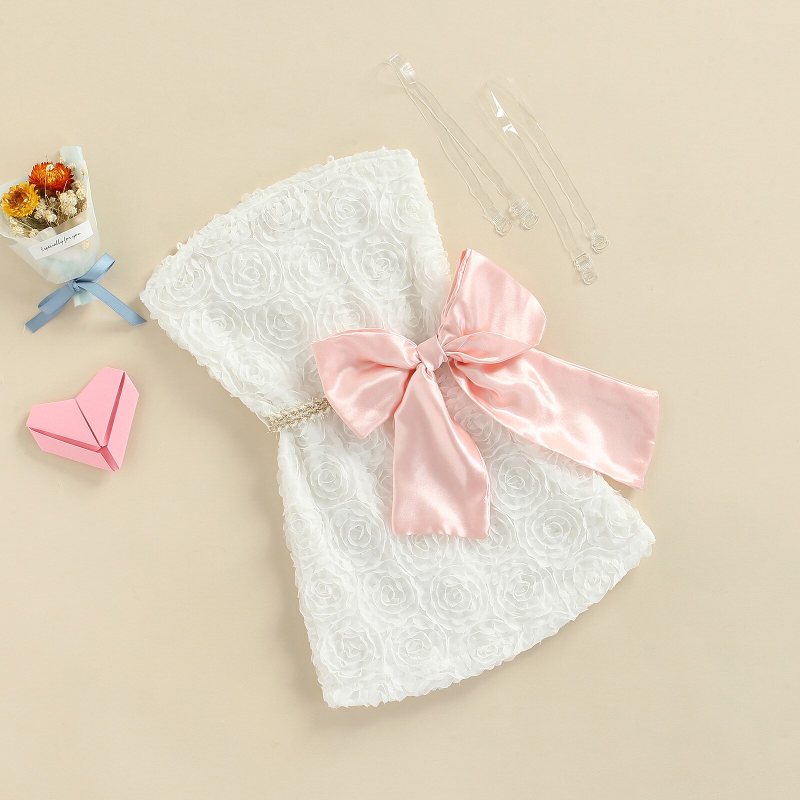 Girl Lace Flower Summer Dress Children High Waist Bow Decor Off Shoulder Kid Party Sleeveless Princess Dress