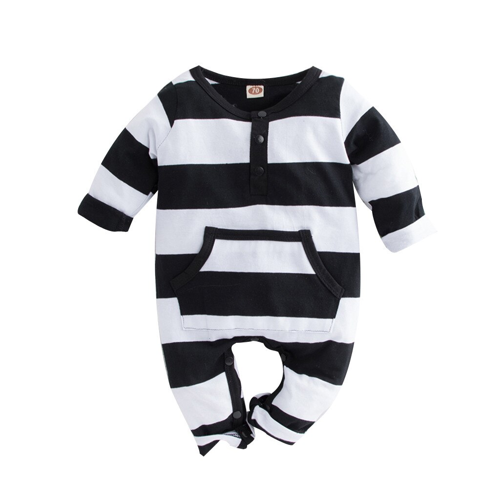 New Baby One Piece Manga Comprida Preto e Branco Listrado Bolso Romper Macacão Preto clássico menino roupas для новорожденных 50 *: 18 m
