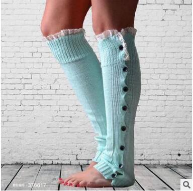Calentadores de encaje con botones para mujer, botas de punto, calcetines, puños hasta la rodilla, polaina alta, novedad, , Invierno: mintgreen