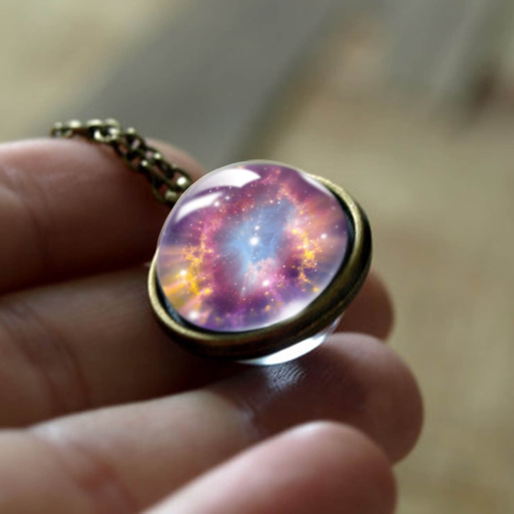 Nebula Galaxy Double Sided Pendant Necklace Universe Planet Jewelry Glass Art Picture Handmade Statement Necklace: LGS0038