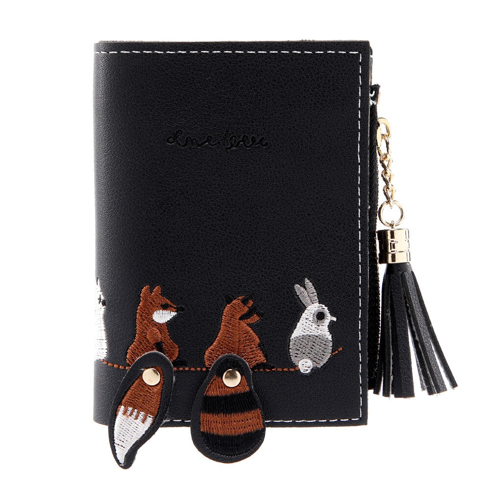 Damen-geldbörse mit fuchs- und katzenmotiv, kurze geldbörse mit quaste, münzfach, kartenhalter, handtasche, rosa, grün, schwarz, grau, damen-geldbörsen und -portemonnaies, carteira  #t20