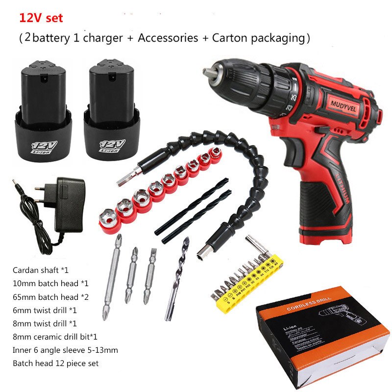Cordless Screwdriver 12V Power Tools Rechargeable Battery Wider Profesional 3/8-Inch 2-Speed Cordless Mini Drill Electric: 12V set 2 battery